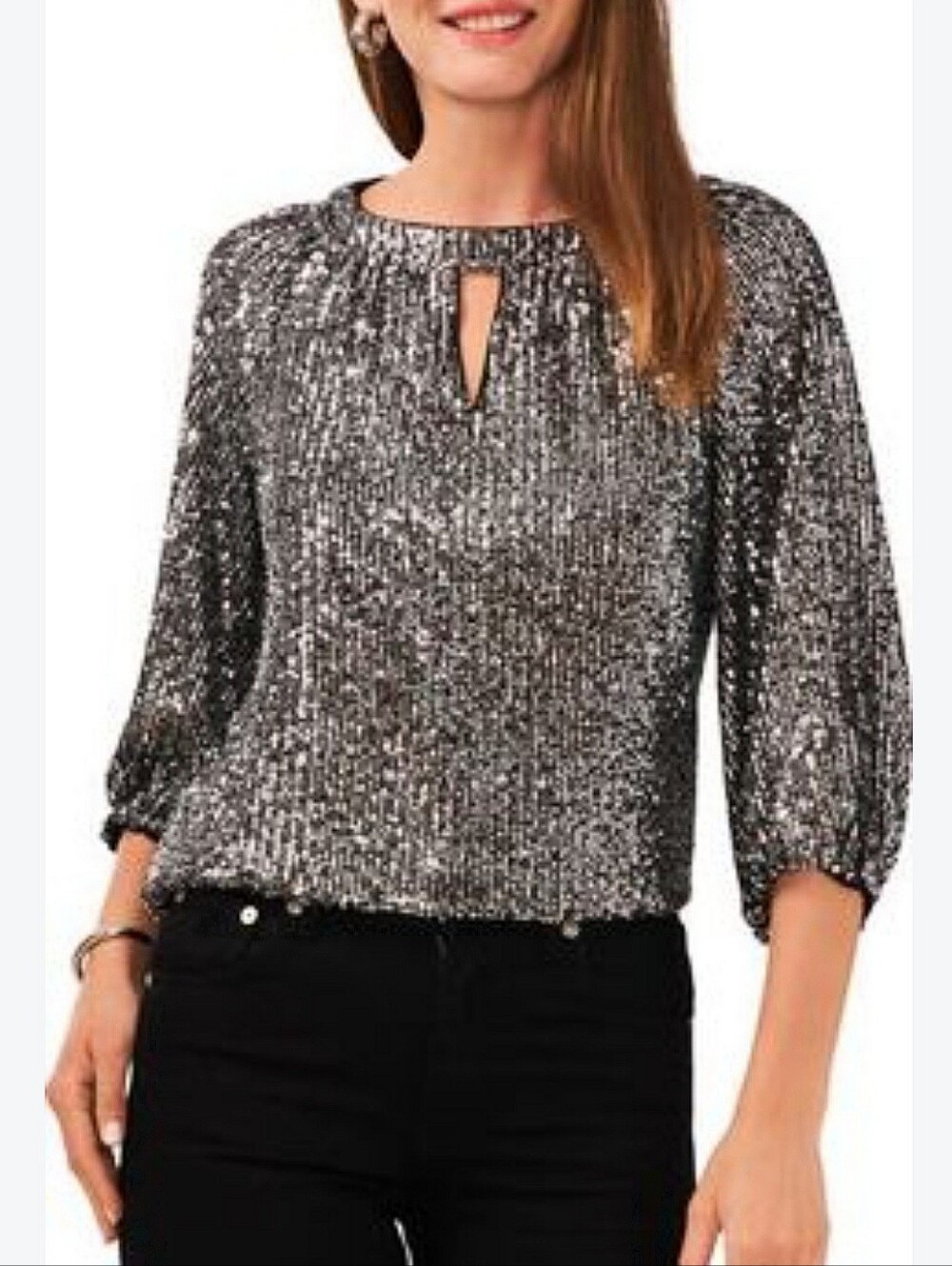 NWT Vince Camuto Sequin Keyhole Neck Top Black Silver ¾ Sleeve Party Evening SM